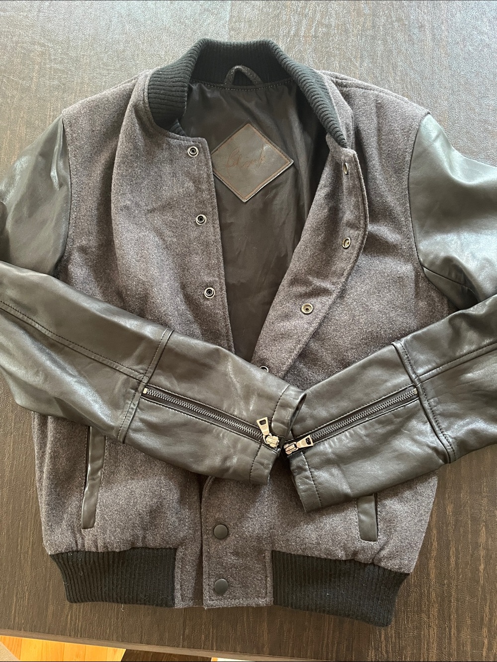Gray Wool and Black Leather-Sleeve Bomber Jacket